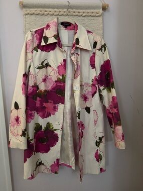 Karen Kane Cream Trench Coat with Pink Floral Print